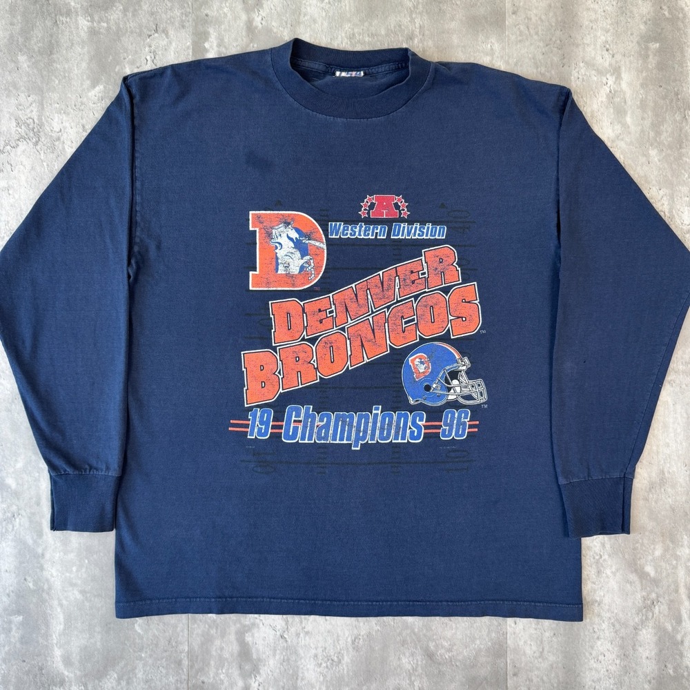Vintage Denver Broncos Long Sleeve T Shirt Mens L Navy AFC Champions NFL 1996